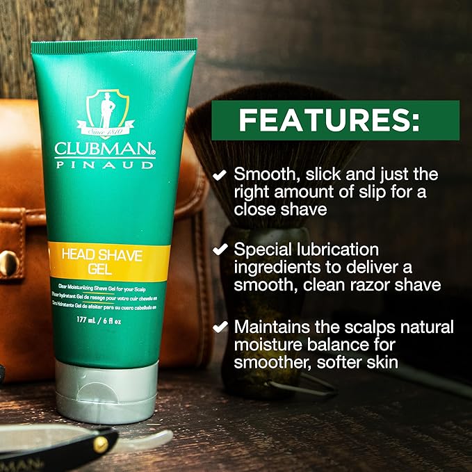 Clubman Pinaud Head Shave Gel for Men – Clear Moisturizing Shaving Gel for Men, Hydrating Facial Hair for Sensitive Skin, Barber Supplies, 6 fl oz