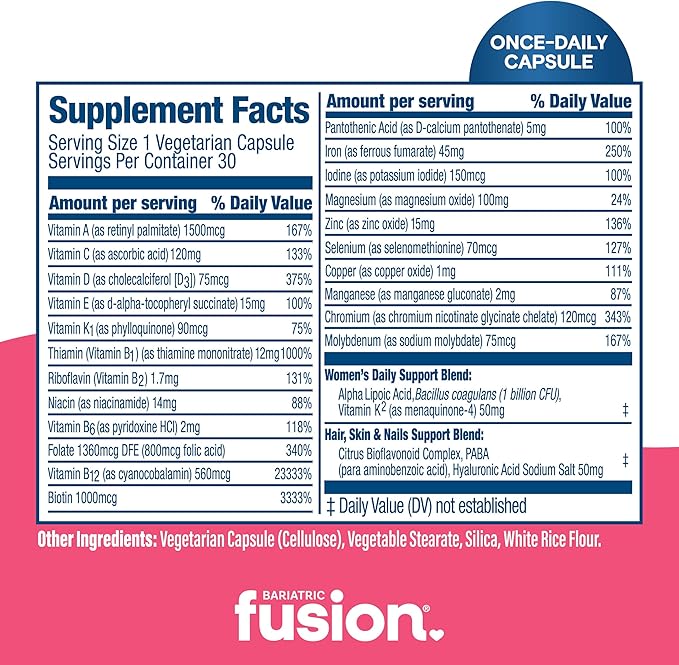 Bariatric Fusion One Per Day Bariatric Multivitamin with Iron for Women | with Hair and Nails Vitamins Blend | Gastric Bypass and Sleeve Gastrectomy | 30 Capsules | 1 Month Supply