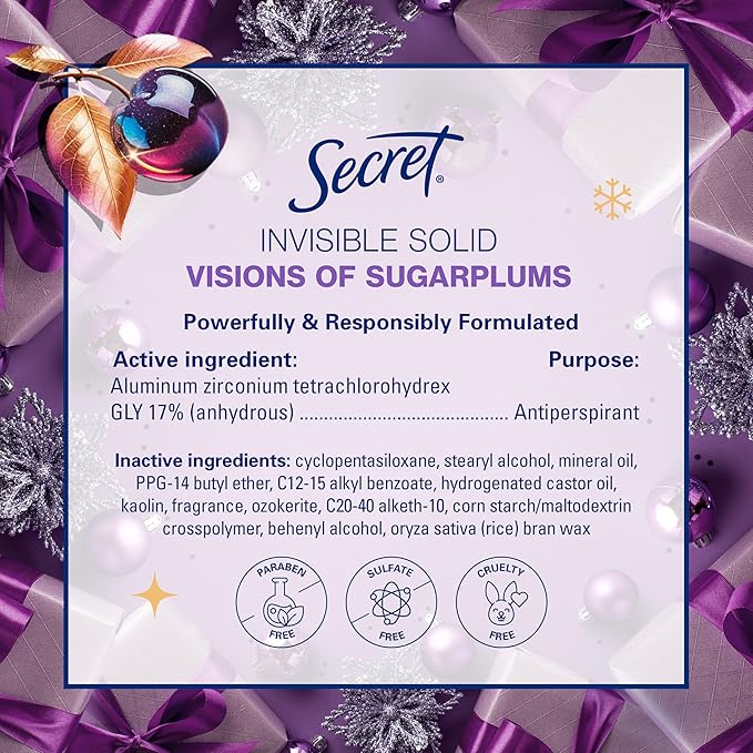 Secret Fresh Antiperspirant Deodorant for Women, 72hr Breathable Odor Protection with Pro-Hyaluronic Acid, Holiday Invisible Solid, Visions of Sugarplums with Spiced Fruit & Warm Amber Scent, 2.6 oz