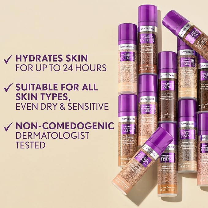 Covergirl Simply Ageless Skin Perfector Essence Foundation, 40 Medium, Tinted Skincare Makeup Hybrid, Sheer Tint, Radiant Finish,Glowy Finish, Vegan Formula, 1.0oz