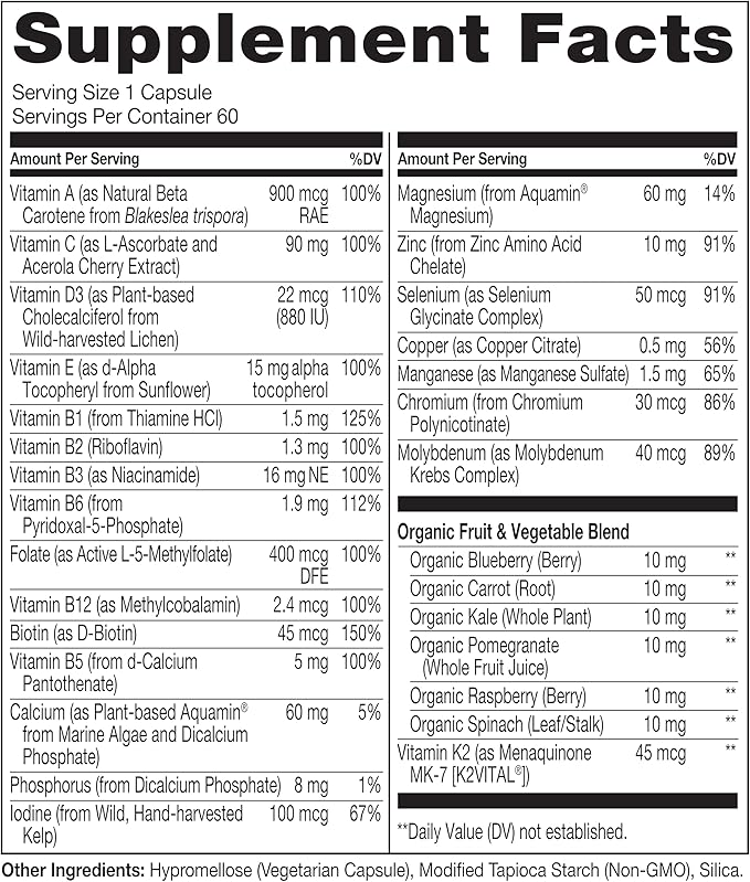 NATURELO One Daily Multivitamin for Women 50+ (Iron Free) - Menopause Support for Women Over 50 - Whole Food Supplement - Non-GMO - No Soy - 60 Capsules - 2 Month Supply