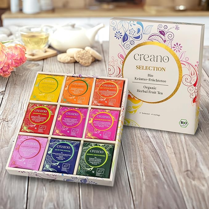 Creano Organic Fruit Tea Herbal Tea Gift Set – 45 Organic Tea Bags in 9 Dreamy Varieties – 90 g