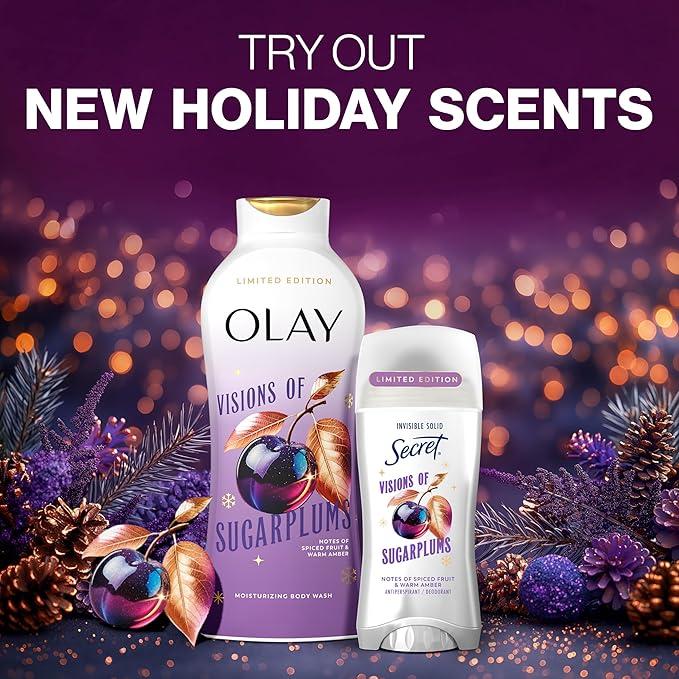 Secret Fresh Antiperspirant Deodorant for Women, 72hr Breathable Odor Protection with Pro-Hyaluronic Acid, Holiday Invisible Solid, Visions of Sugarplums with Spiced Fruit & Warm Amber Scent, 2.6 oz