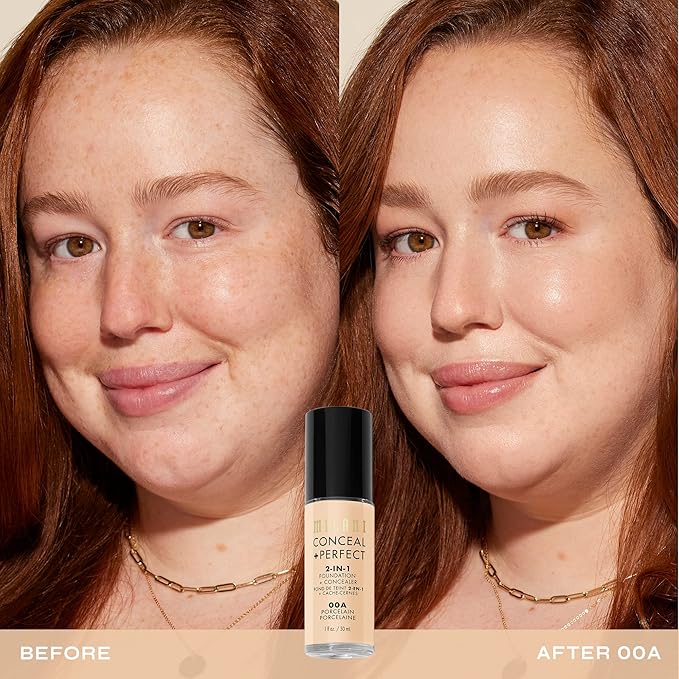 Milani Conceal + Perfect 2-in-1 Foundation + Concealer for a Flawless Complexion, Under Eye Corrector, Cover Redness and Imperfections, Waterproof and Sweatproof - Porcelain
