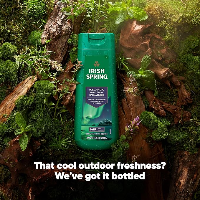 Irish Spring Icelandic Night Moisturizing Face and Body Wash for Men, 24 Hour Fresh, Paraben Free, Aromatic and Herbal Scent, 20 fl oz Bottle (Pack of 4)