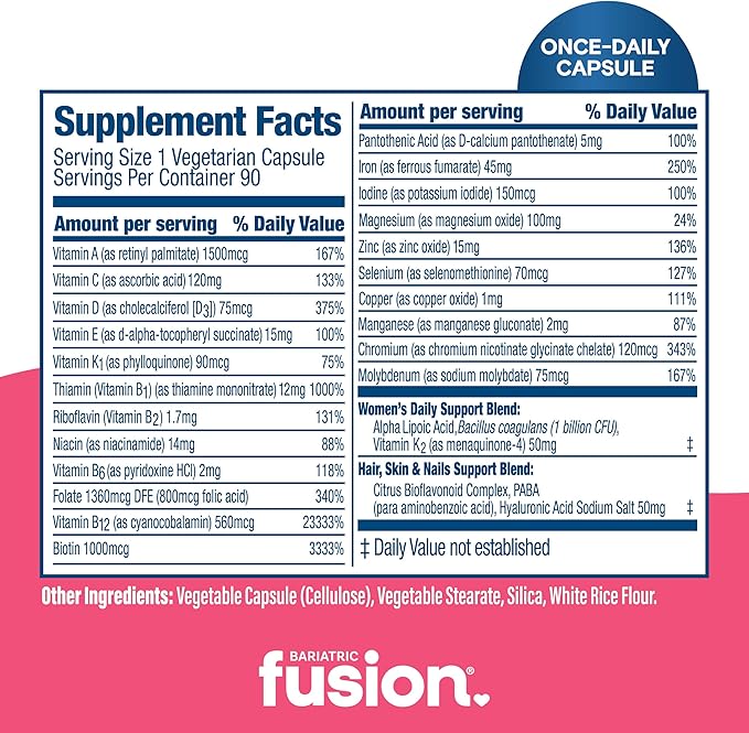 Bariatric Fusion One Per Day Bariatric Multivitamin with Iron for Women | with Hair and Nails Vitamin Blend | Gastric Bypass and Sleeve Gastrectomy | 90 Count | 3 Month Supply